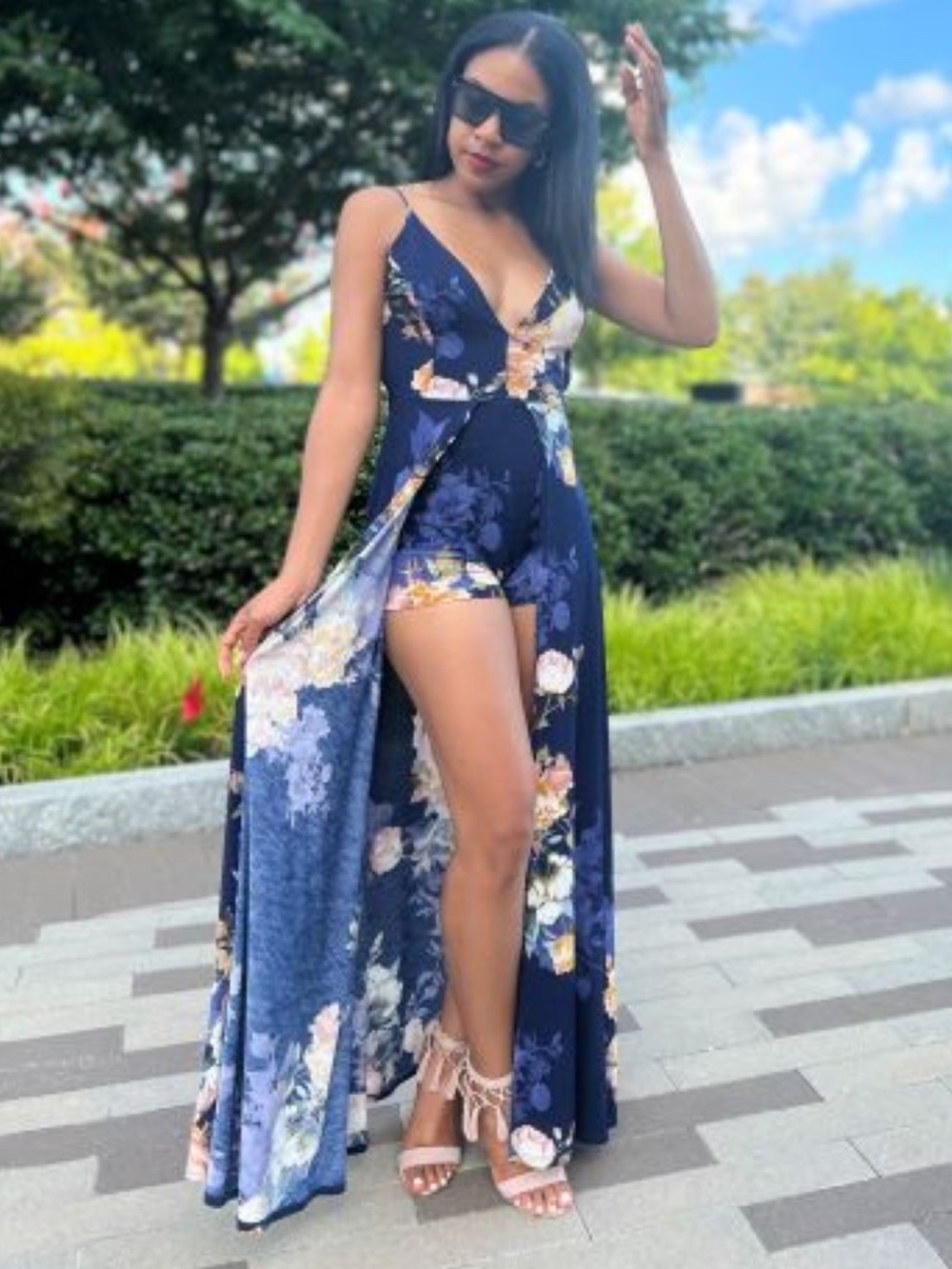 Lovely Day Navy Floral Maxi Romper with Pink and Cream Blooms